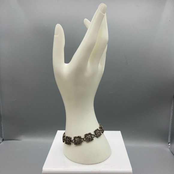 Vintage Marcasite Link Bracelet with Lacy Filigree Squares in Silver Tone - Picture 5 of 5